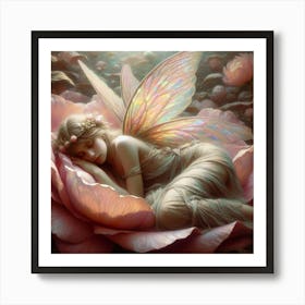 Fairy Sleeping On A Rose, A peaceful fairy with iridescent wings lies asleep, cradled by a rose's soft petals. Her serene expression evokes a sense of tranquility amidst the enchanting floral backdrop, and her delicate crown suggests a connection to nature. classic art Art Print