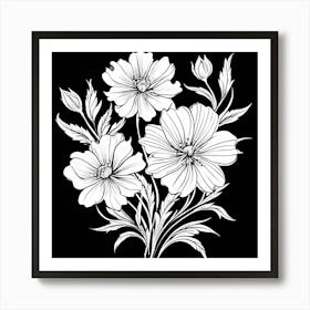 Single Line Drawing Of The Flowers Pattern , Black And White Flowers Art Print