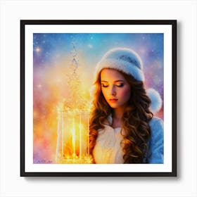 Girl Outside In The Snow With A Decorative Candle Colorful Paint Art Art Print