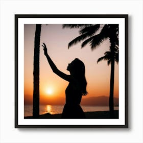 Silhouette Of A Woman At Sunset Art Print