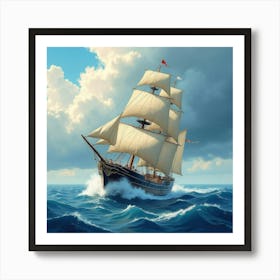 Grand Old Ship Navigating Watercolor Storm Clouds 1 Art Print