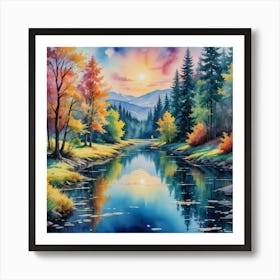 Ethereal Creek in a Vibrant Mountain World Autumn River Art Print