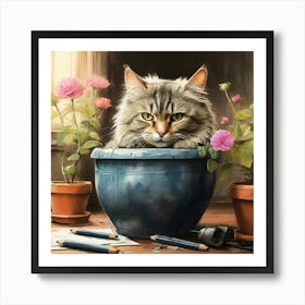 Cat In A Pot 9 Art Print