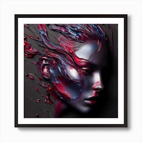 Abstract Beautiful Woman's Face - Embossed in Semi-Gloss Blood Red And Bluish Silver Metal Art Print