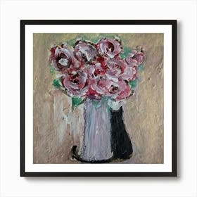 Roses in a Vase with a Black Cat Art Print