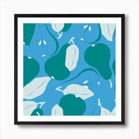 Pattern With Green Pears On Blue Square Art Print