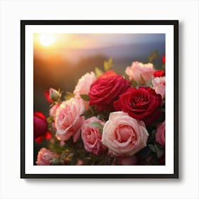 Bouquet Of Mixed Red And Pink Roses Peonies Delicately Woven Into Vines Soft Focus With Scattered Art Print