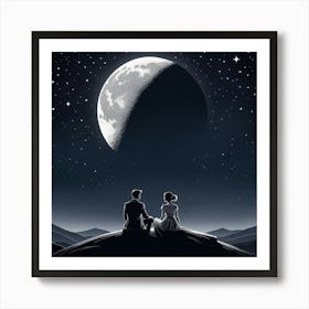 Couple Looking At The Moon, A Single Elegant Line Drawing Of A Men And Woman Art Of Sitting To Gather Alone Back Side Art Print