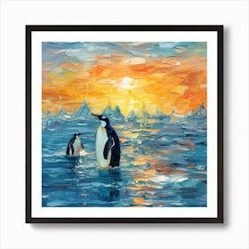 Penguins At Sunset 3 Art Print