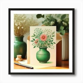 Green Vase With Flowers Art Print