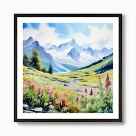 Watercolor Country Landscape Swiss Alps High Mountains Art Print