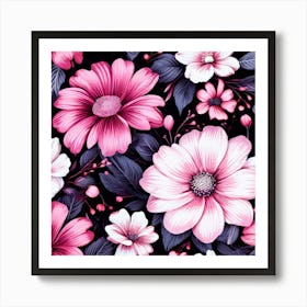 Floral Fantasia A Vibrant Pattern Bursting With Baby Pink White And Dark Pink flowers Pink Flowers On Black Background 2 Art Print