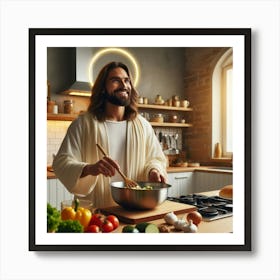 Jesus cooking a meal in a cozy modern kitchen 3 Art Print