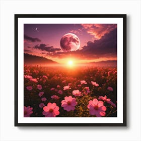 Pink Moon Flowers At Sunset Art Print