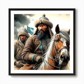 Mongolian Warrior Leader On A Horse Color Drawing Art Print