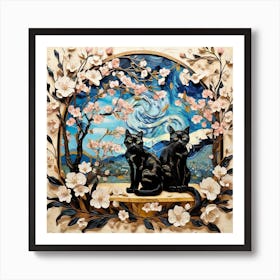 Black Cats In Cherry Blossoms Art Print