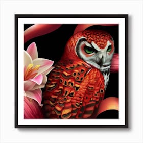 Owl With Lotus Flower Art Print