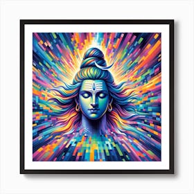 "Cosmic Shiva" is a visually stunning piece that radiates the powerful energy of Lord Shiva, the cosmic dancer and destroyer of evil, set against a backdrop of vibrant digital pixels that explode in a spectrum of colors. This modern portrayal intertwines the ancient with the digital age, symbolizing the destruction of the universe's imperfections and the creation of a new cosmic order. It's an ideal choice for those who seek art with a deep spiritual meaning as well as a touch of contemporary flair. This piece will not just adorn a wall but will also imbue the space with dynamism and the spirit of transformation. Embrace the fusion of tradition and modernity with "Cosmic Shiva" and let it inspire a sense of awe and reverence in your surroundings. Art Print