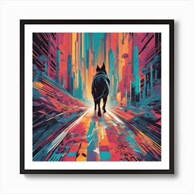 Dog Is Walking Down A Long Path, In The Style Of Bold And Colorful Graphic Design, David , Rainbowco (2) Art Print