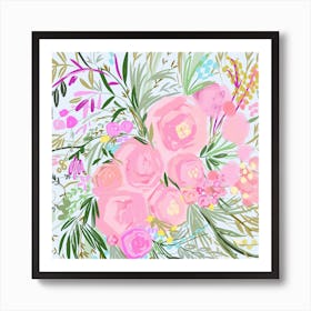 Pink Floral Painting loose flowers thick oil painting with leaves and brown vines on a white background  Art Print