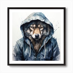 Watercolour Cartoon Wolf In A Hoodie 1 Art Print