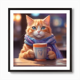 Orange Cat With A Cup Of Coffee Art Print