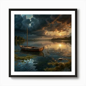 Photo Of Ultra Realistic Art On A Cracked Paper, Mosaic, Double Exposure, Boat Gently Bobbing On Calm Water Marks The End Of Summer Art Print