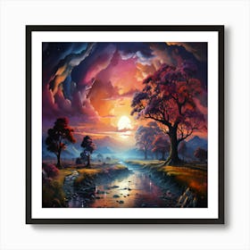 Sunset Over A River Art Print Art Print