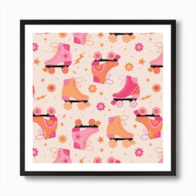 Derby Girl Retro Pink and Orange Rollerskates Art Print