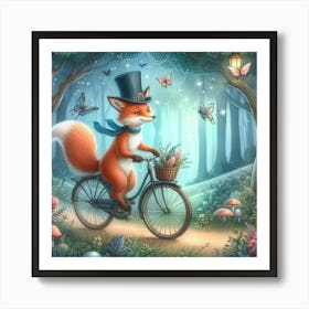 Fox Wearing A Top Hat Riding A Bicycle Through A Magical Forest (1) Art Print