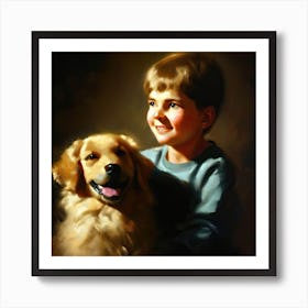 Happy Boy And His Dog in low key lighting Art Print