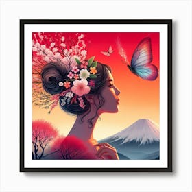 Woman With Butterfly And Cherry Blossoms Art Print