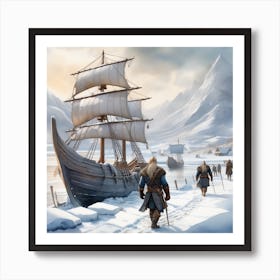 White Winter Frozeen ships Vikings art Watercolor Art Print