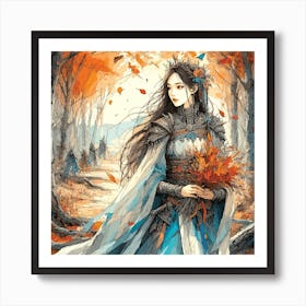Portrait Of A Beautiful Girl In The Forest Vector Style Into Raster Format Art Print