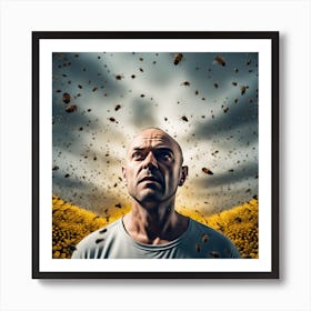 The Image Depicts A Man With A Shaved Head Standing In Front Of A Yellow Background Filled With Bees 1 Art Print