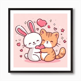 Cute Cat And Bunny Art Print