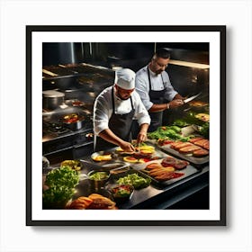 Overhead View Of A Burger Kitchen In Action Chefs Proudly Plating Gourmet Burgers Stunning Stainle 555813656 Art Print