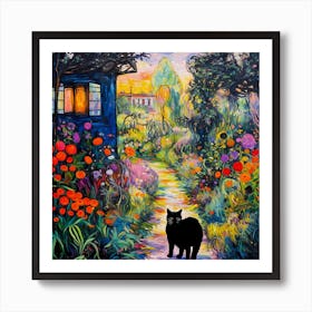 Black Cat In Monet Garden 3 Art Print