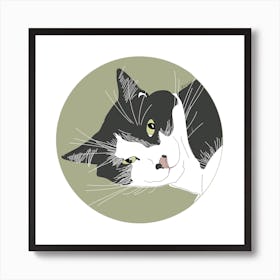 Black & White Cat with Green Eyes Art Print