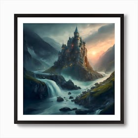 Mystical castle on the hillside, raging river in the valley Art Print