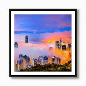 Mesmerizing Shot Of The Skyscrapers Of A City Covered In Mist At Night Art Print