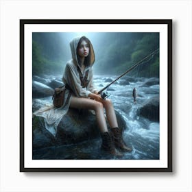 Girl Fishing In The Rain Art Print