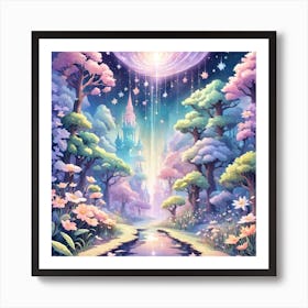 A Fantasy Forest With Twinkling Stars In Pastel Tone Square Composition 94 Art Print