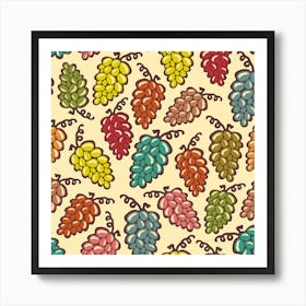 JUICY GRAPES Retro Tossed Plump Ripe Bunches of Grapes in Vintage Retro Red Turquoise Yellow Green Pink Brown on Cream Art Print