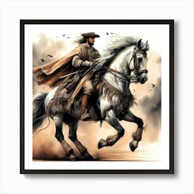 Portugese Gentleman On His Lusitano Horse Color Drawing 1 Art Print