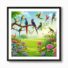 Parrots In The Garden Art Print