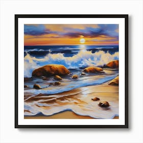 The sea. Beach waves. Beach sand and rocks. Sunset over the sea. Oil on canvas artwork.14 Art Print