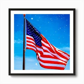 American Flag Unfurled Against A Clear Blue Sky Stars Centered Stripes Flowing Gracefully Overlai Art Print