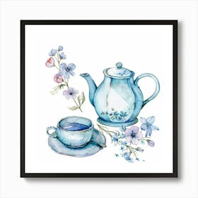 Blue Watercolor Tea Pot And Tea Cup With Flowers Art Print