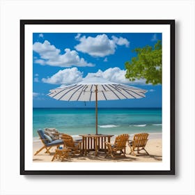 Beach Umbrella With Chairs and Table Art Print